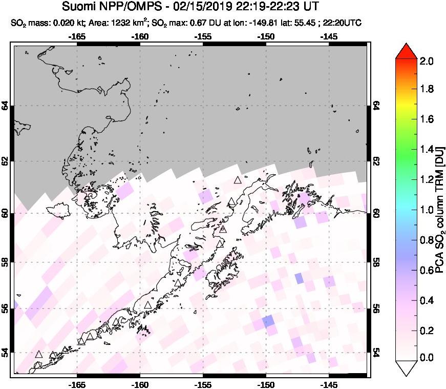 A sulfur dioxide image over Alaska, USA on Feb 15, 2019.