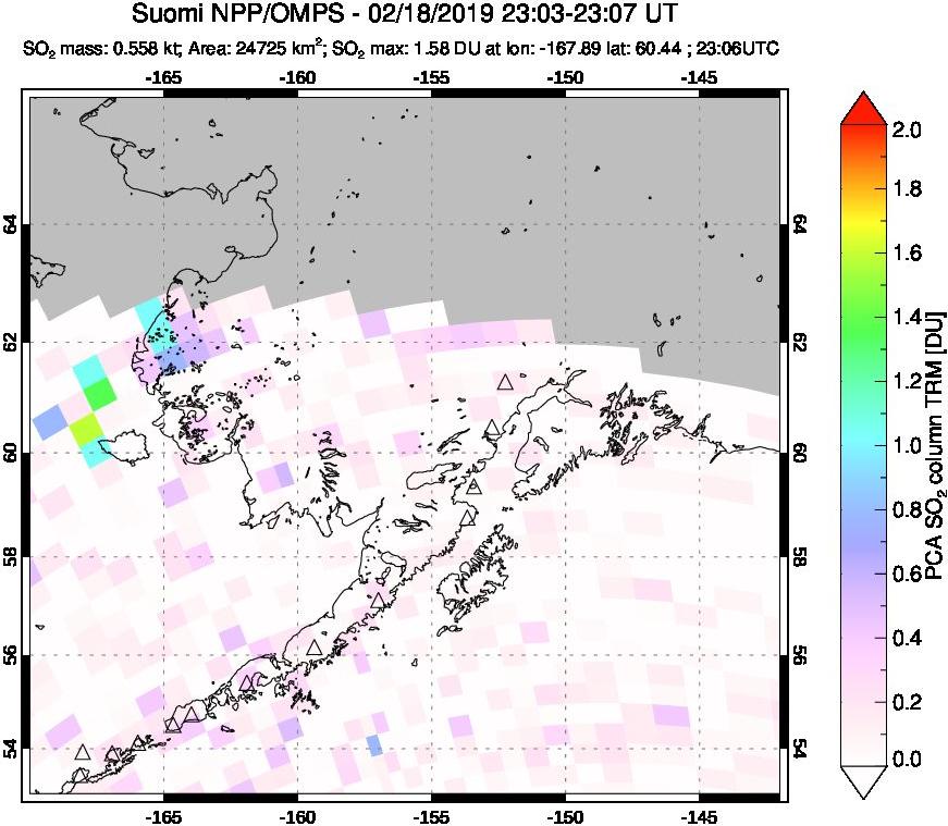 A sulfur dioxide image over Alaska, USA on Feb 18, 2019.