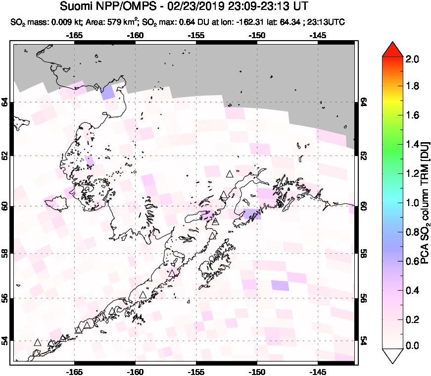 A sulfur dioxide image over Alaska, USA on Feb 23, 2019.