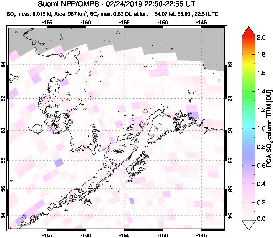 A sulfur dioxide image over Alaska, USA on Feb 24, 2019.