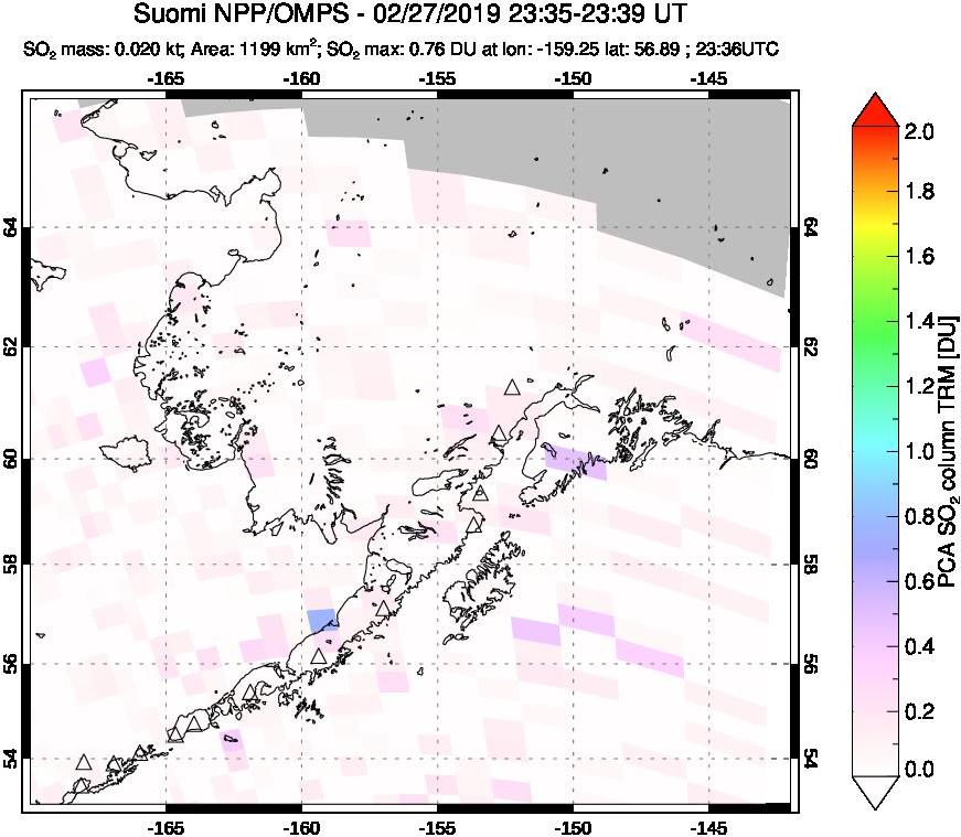 A sulfur dioxide image over Alaska, USA on Feb 27, 2019.