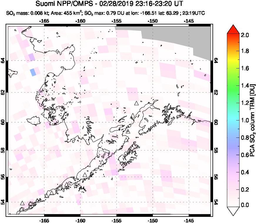 A sulfur dioxide image over Alaska, USA on Feb 28, 2019.