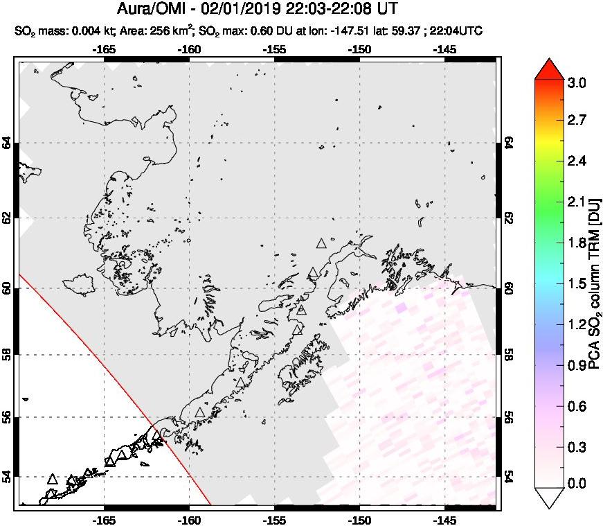 A sulfur dioxide image over Alaska, USA on Feb 01, 2019.