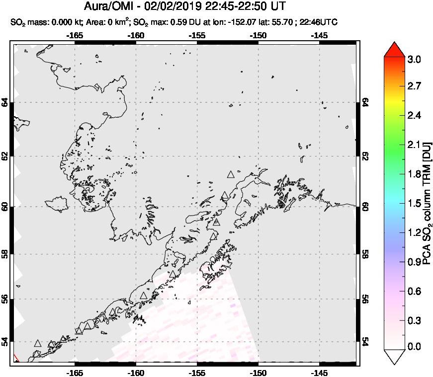 A sulfur dioxide image over Alaska, USA on Feb 02, 2019.