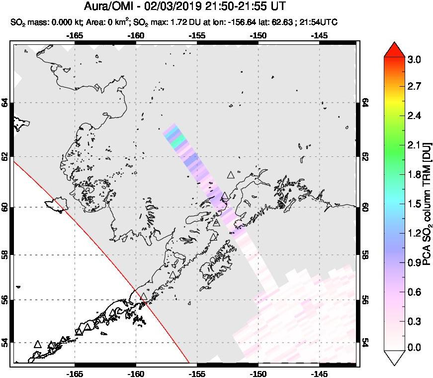 A sulfur dioxide image over Alaska, USA on Feb 03, 2019.