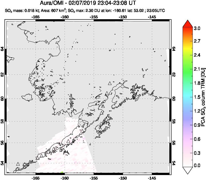 A sulfur dioxide image over Alaska, USA on Feb 07, 2019.