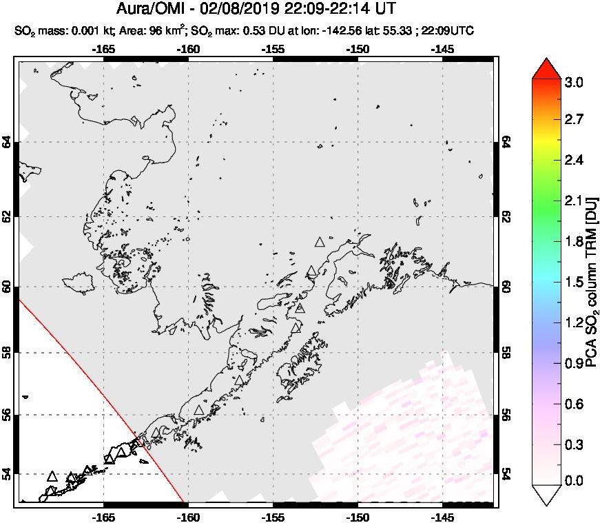 A sulfur dioxide image over Alaska, USA on Feb 08, 2019.
