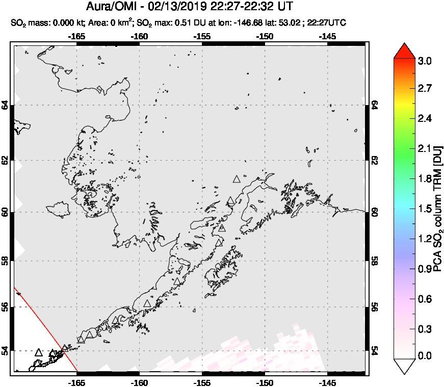 A sulfur dioxide image over Alaska, USA on Feb 13, 2019.