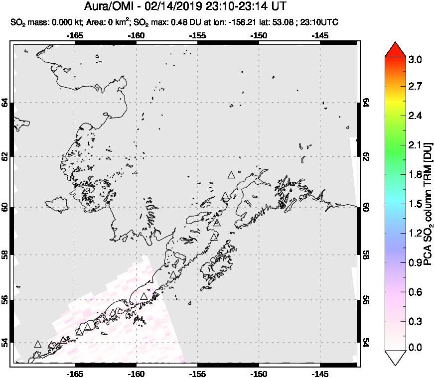 A sulfur dioxide image over Alaska, USA on Feb 14, 2019.