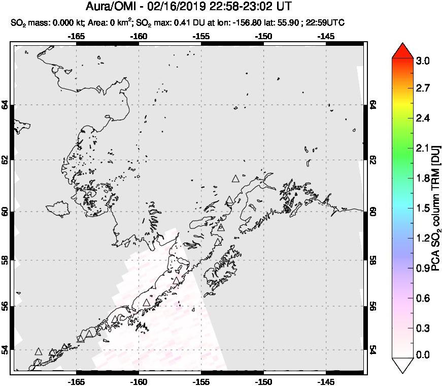 A sulfur dioxide image over Alaska, USA on Feb 16, 2019.
