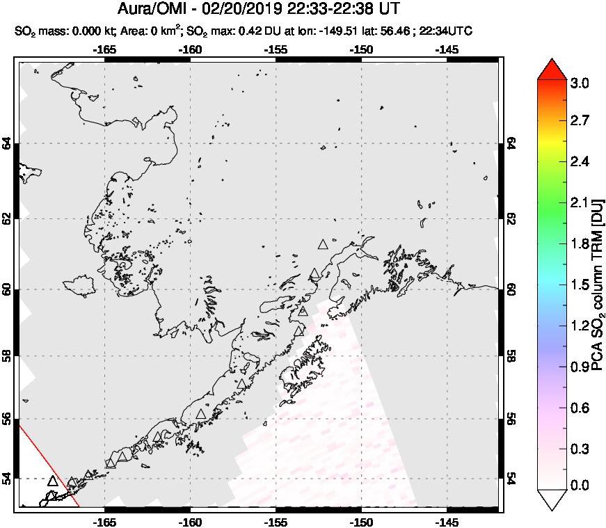 A sulfur dioxide image over Alaska, USA on Feb 20, 2019.