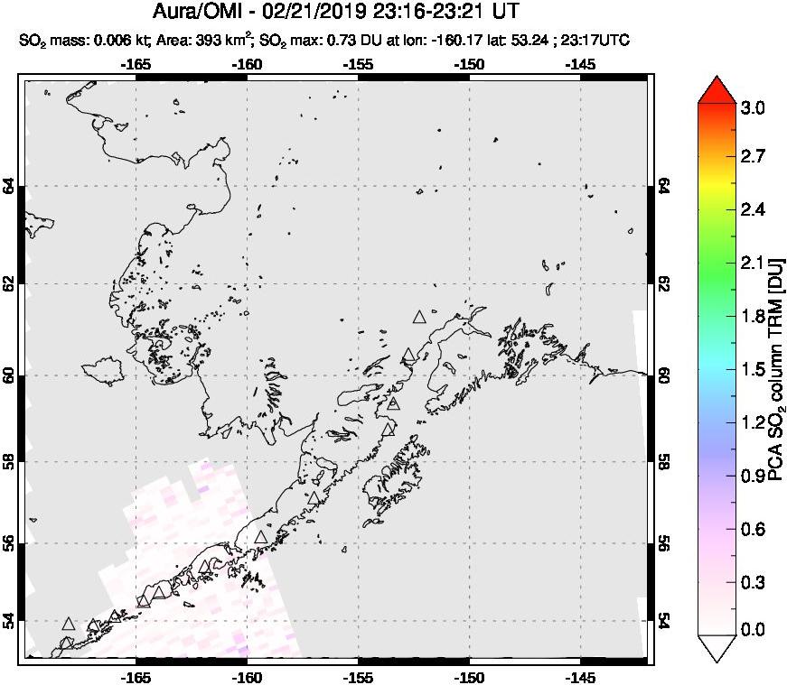 A sulfur dioxide image over Alaska, USA on Feb 21, 2019.