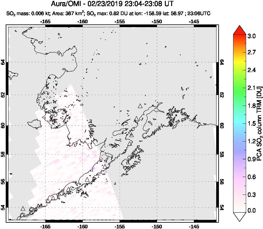 A sulfur dioxide image over Alaska, USA on Feb 23, 2019.