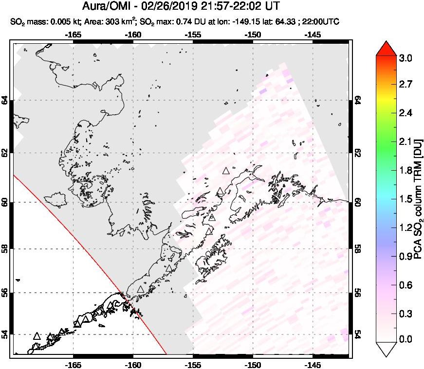 A sulfur dioxide image over Alaska, USA on Feb 26, 2019.