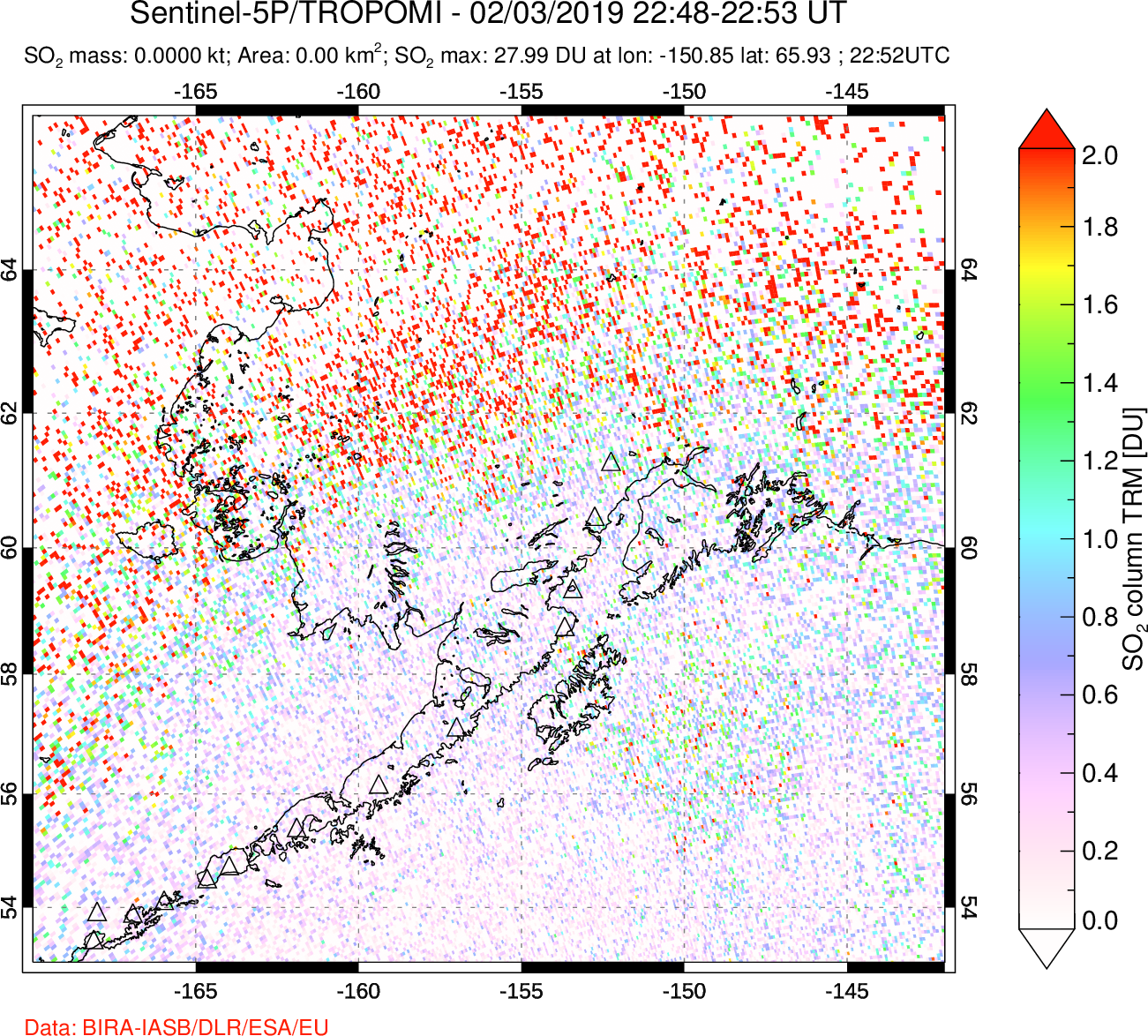 A sulfur dioxide image over Alaska, USA on Feb 03, 2019.