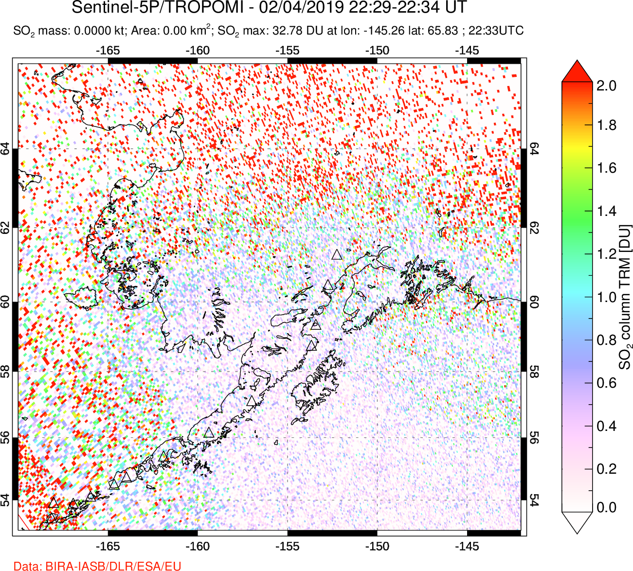 A sulfur dioxide image over Alaska, USA on Feb 04, 2019.