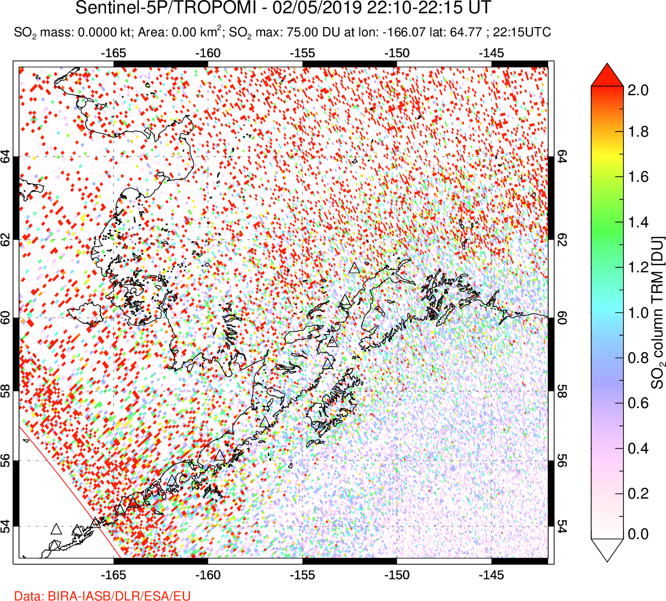 A sulfur dioxide image over Alaska, USA on Feb 05, 2019.