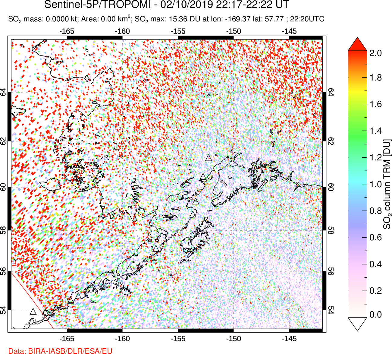 A sulfur dioxide image over Alaska, USA on Feb 10, 2019.