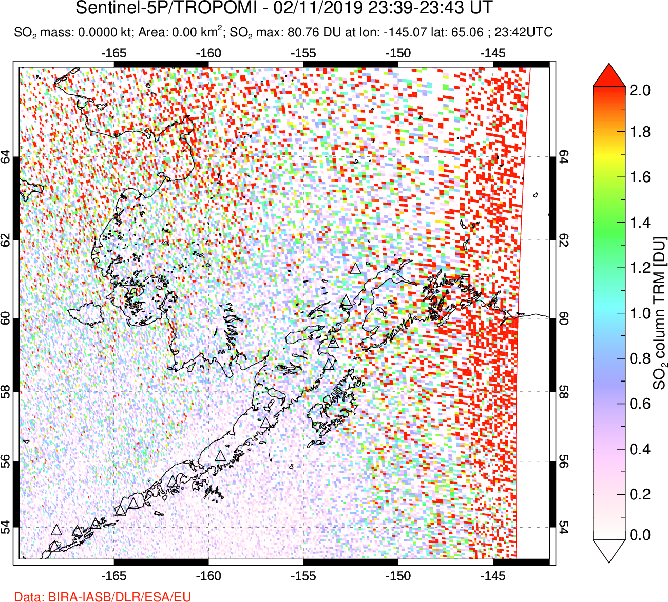 A sulfur dioxide image over Alaska, USA on Feb 11, 2019.