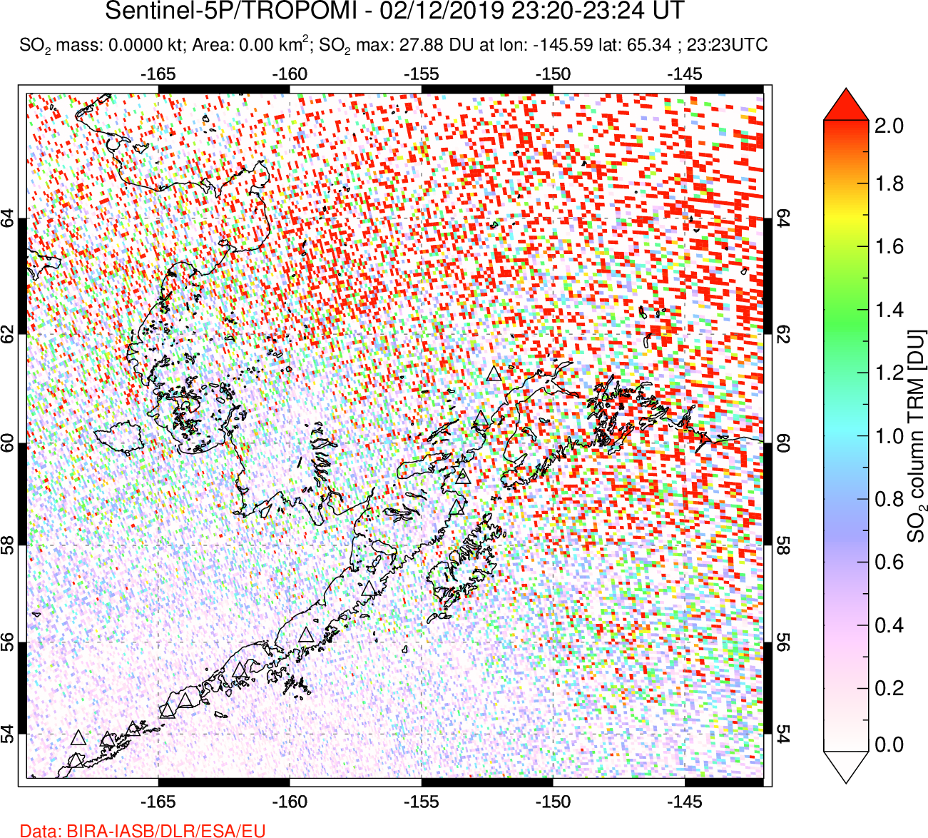 A sulfur dioxide image over Alaska, USA on Feb 12, 2019.