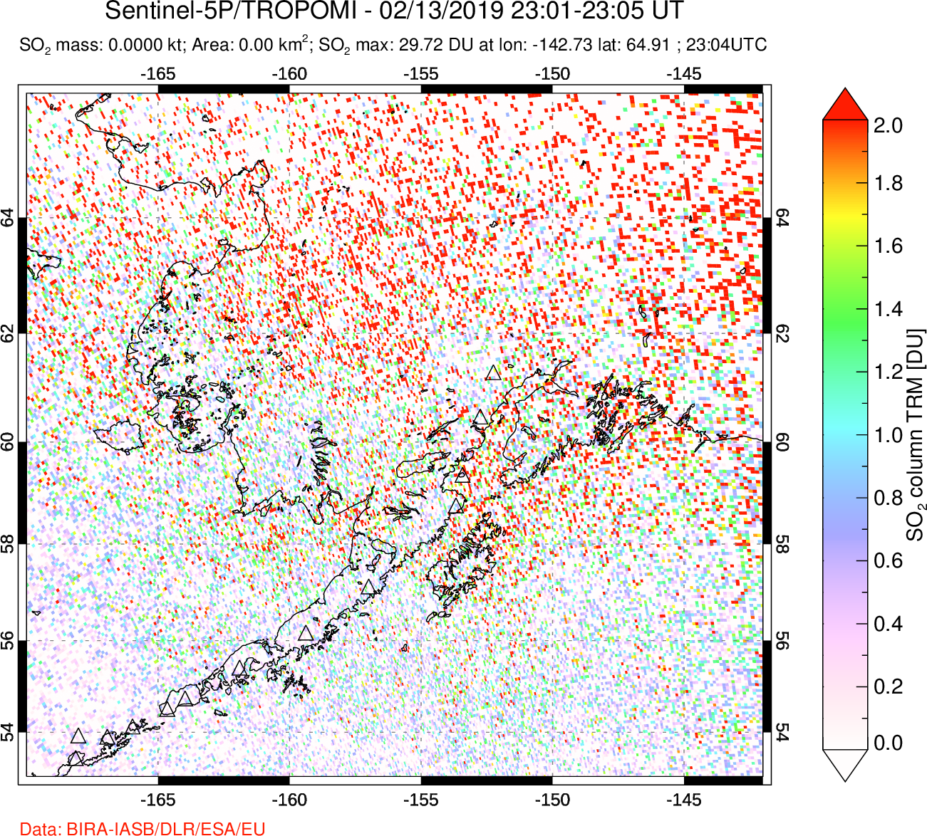 A sulfur dioxide image over Alaska, USA on Feb 13, 2019.