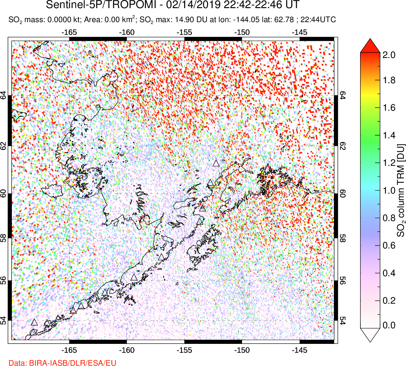 A sulfur dioxide image over Alaska, USA on Feb 14, 2019.