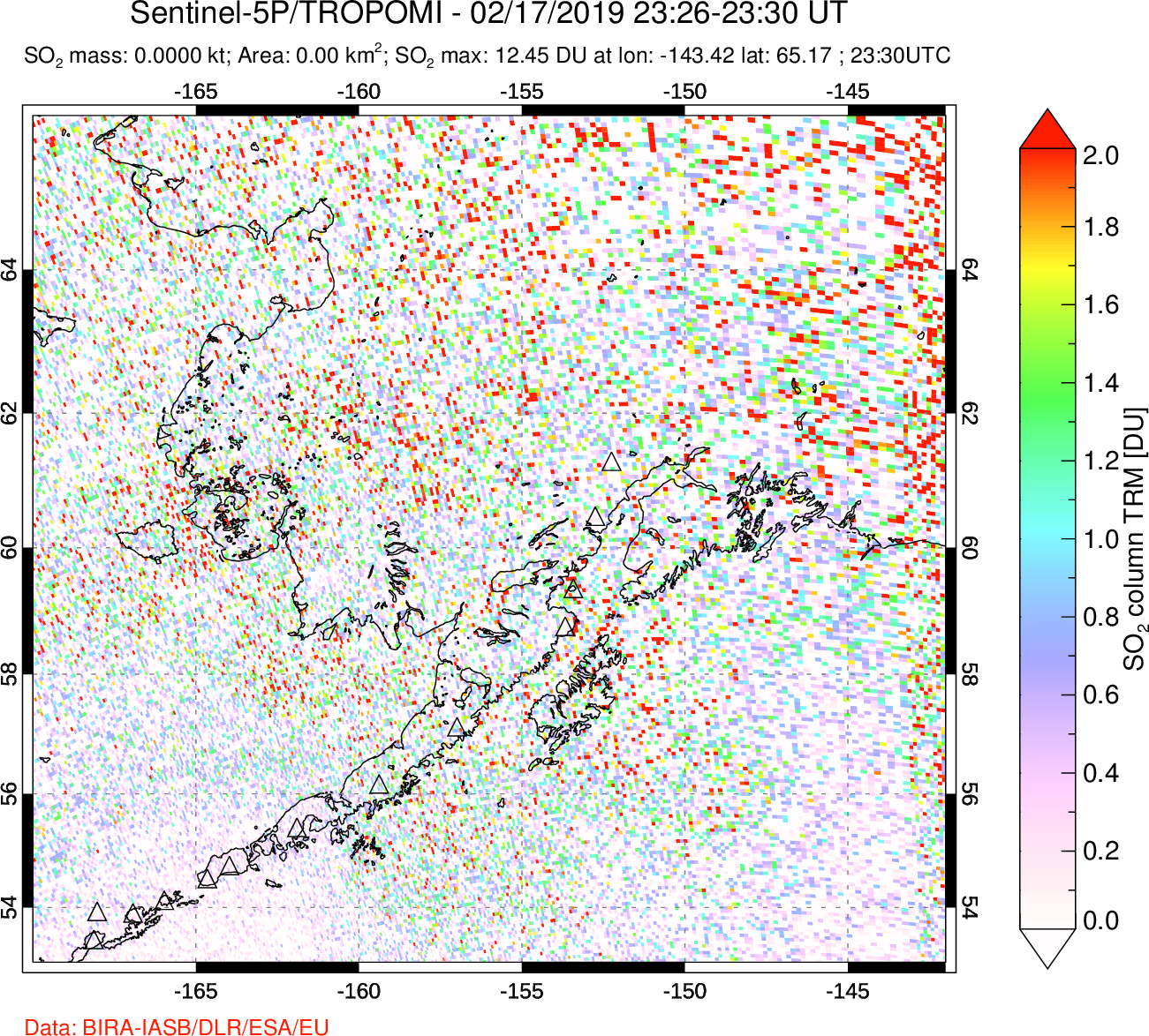 A sulfur dioxide image over Alaska, USA on Feb 17, 2019.