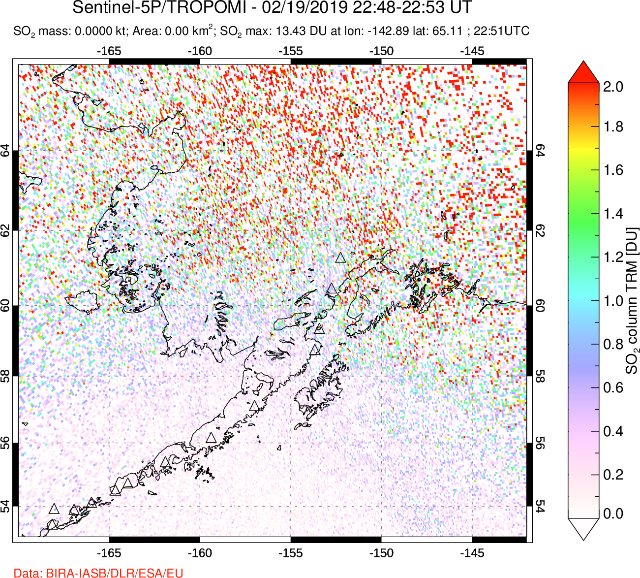A sulfur dioxide image over Alaska, USA on Feb 19, 2019.