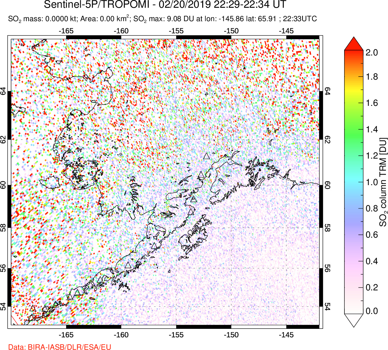 A sulfur dioxide image over Alaska, USA on Feb 20, 2019.