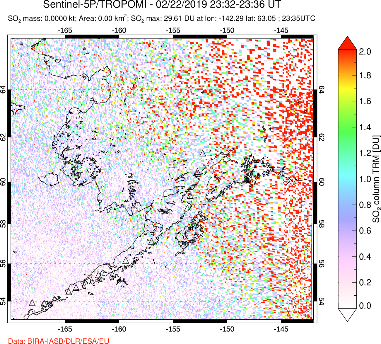 A sulfur dioxide image over Alaska, USA on Feb 22, 2019.