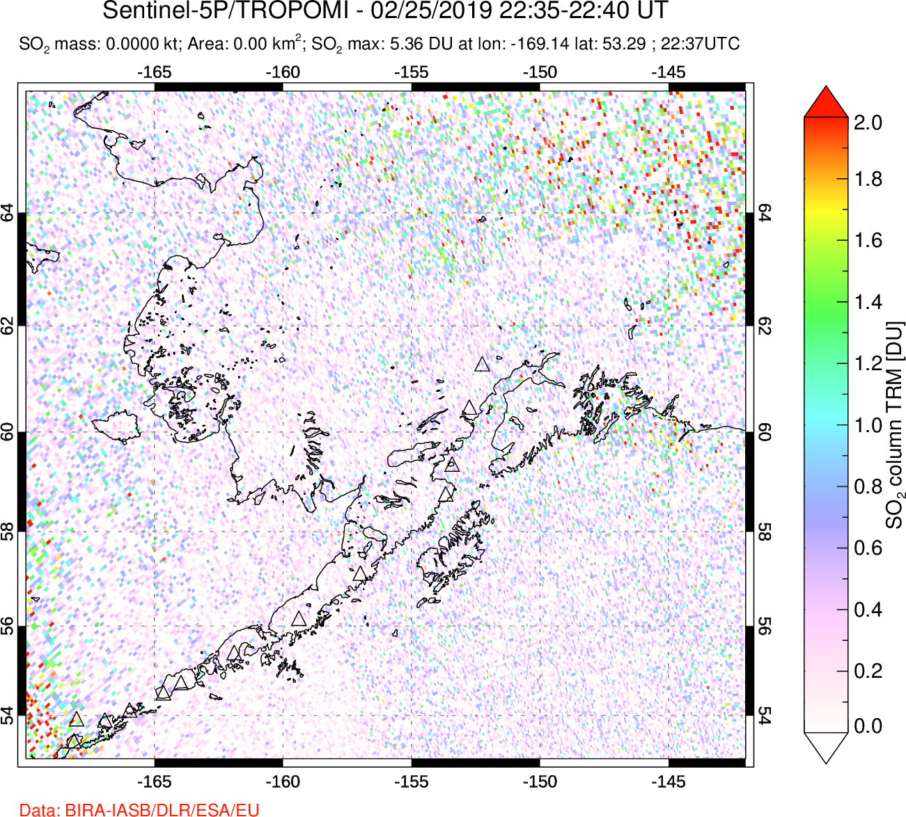 A sulfur dioxide image over Alaska, USA on Feb 25, 2019.