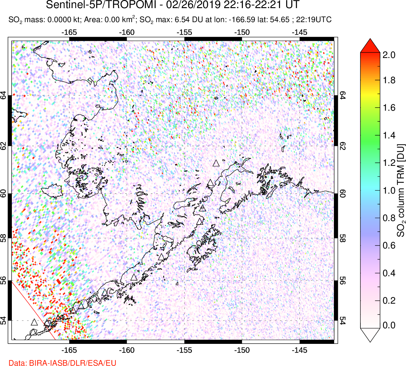 A sulfur dioxide image over Alaska, USA on Feb 26, 2019.