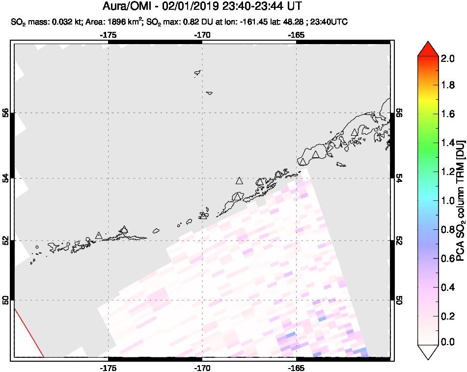 A sulfur dioxide image over Aleutian Islands, Alaska, USA on Feb 01, 2019.