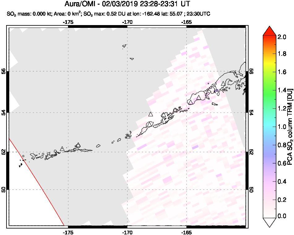 A sulfur dioxide image over Aleutian Islands, Alaska, USA on Feb 03, 2019.