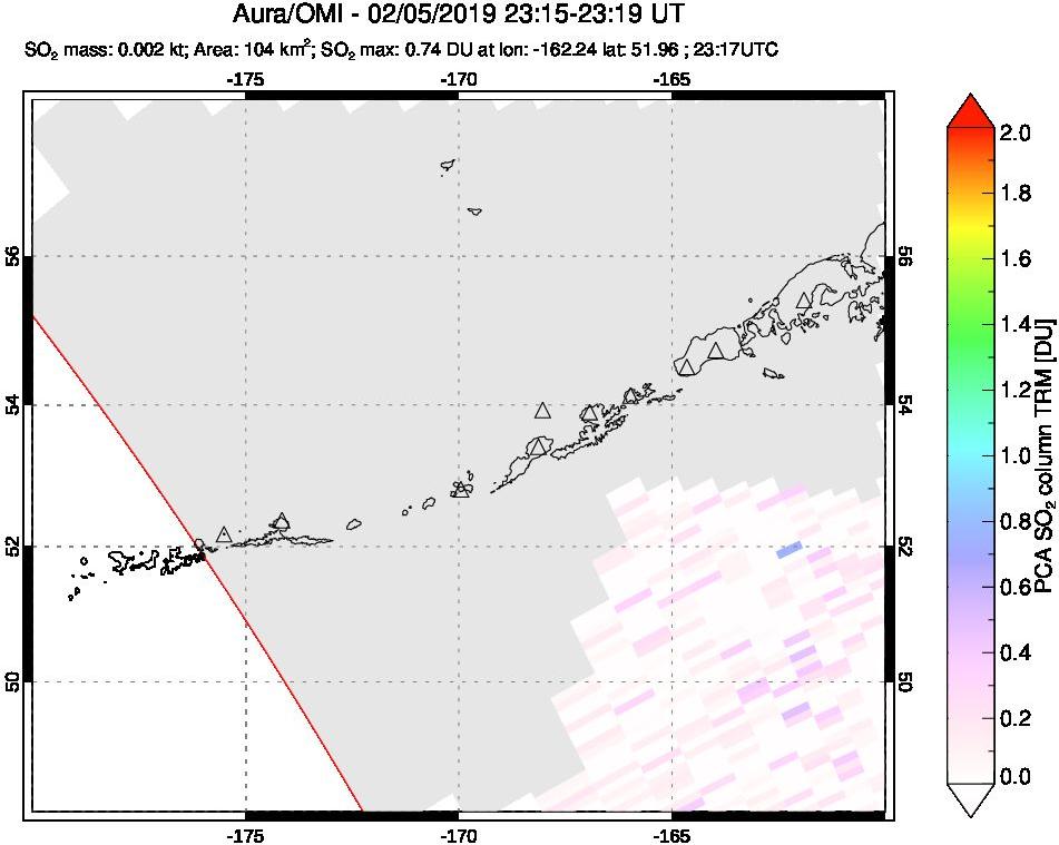A sulfur dioxide image over Aleutian Islands, Alaska, USA on Feb 05, 2019.
