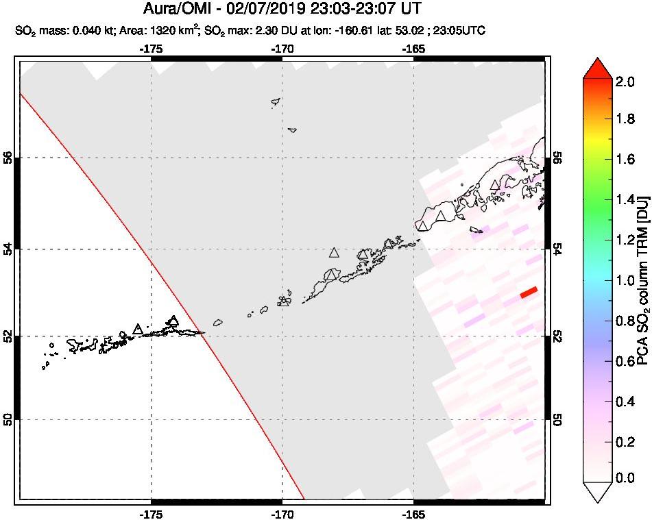 A sulfur dioxide image over Aleutian Islands, Alaska, USA on Feb 07, 2019.