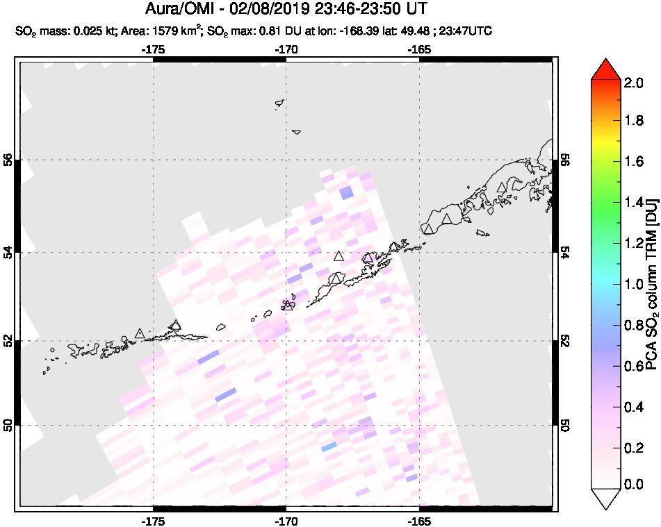 A sulfur dioxide image over Aleutian Islands, Alaska, USA on Feb 08, 2019.
