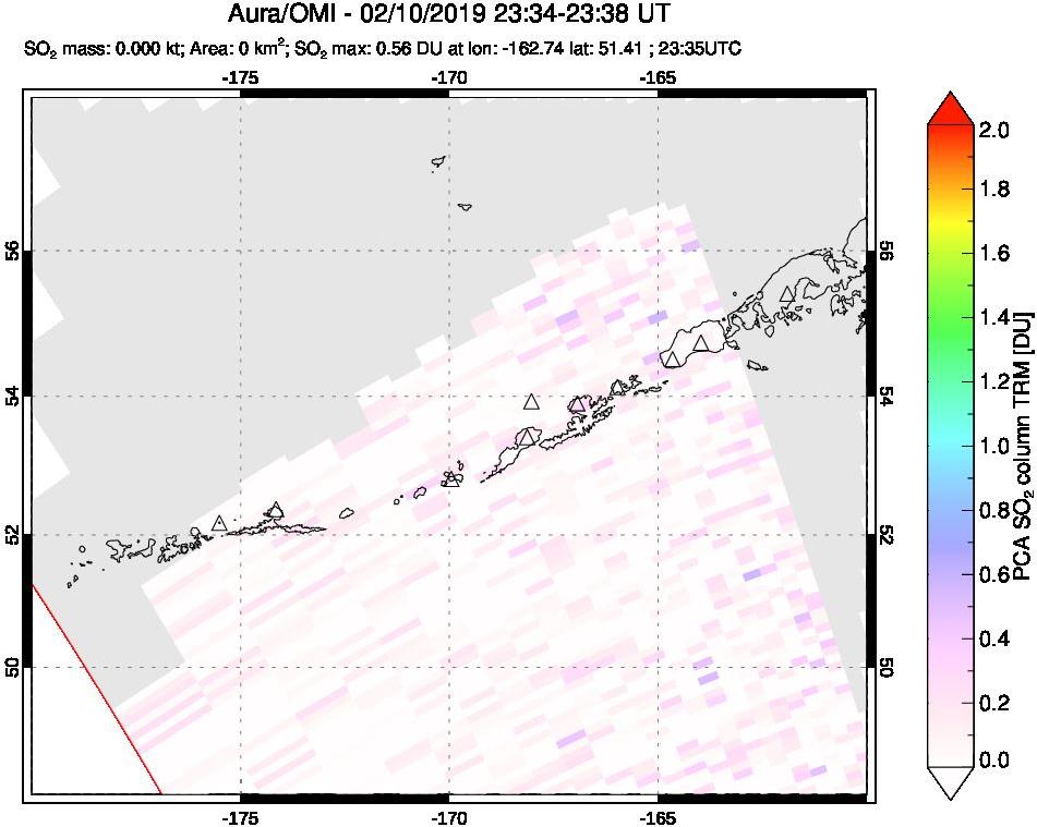 A sulfur dioxide image over Aleutian Islands, Alaska, USA on Feb 10, 2019.