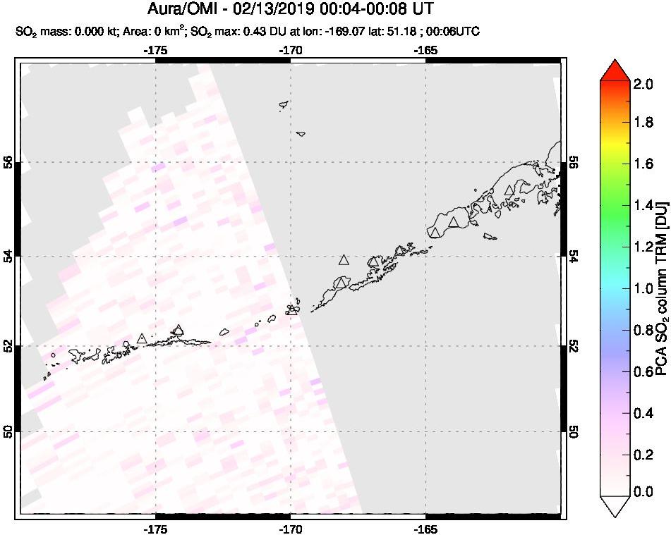 A sulfur dioxide image over Aleutian Islands, Alaska, USA on Feb 13, 2019.
