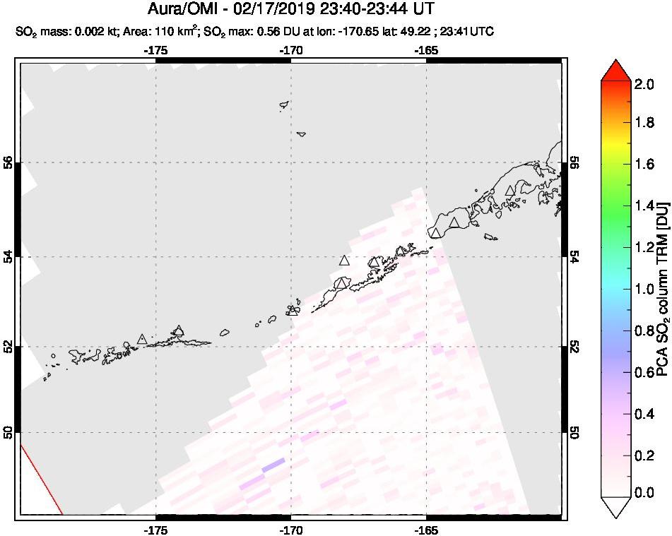 A sulfur dioxide image over Aleutian Islands, Alaska, USA on Feb 17, 2019.