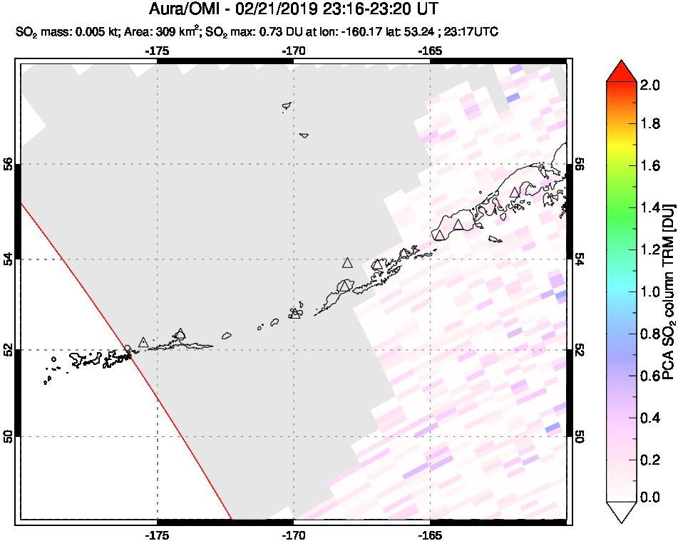 A sulfur dioxide image over Aleutian Islands, Alaska, USA on Feb 21, 2019.