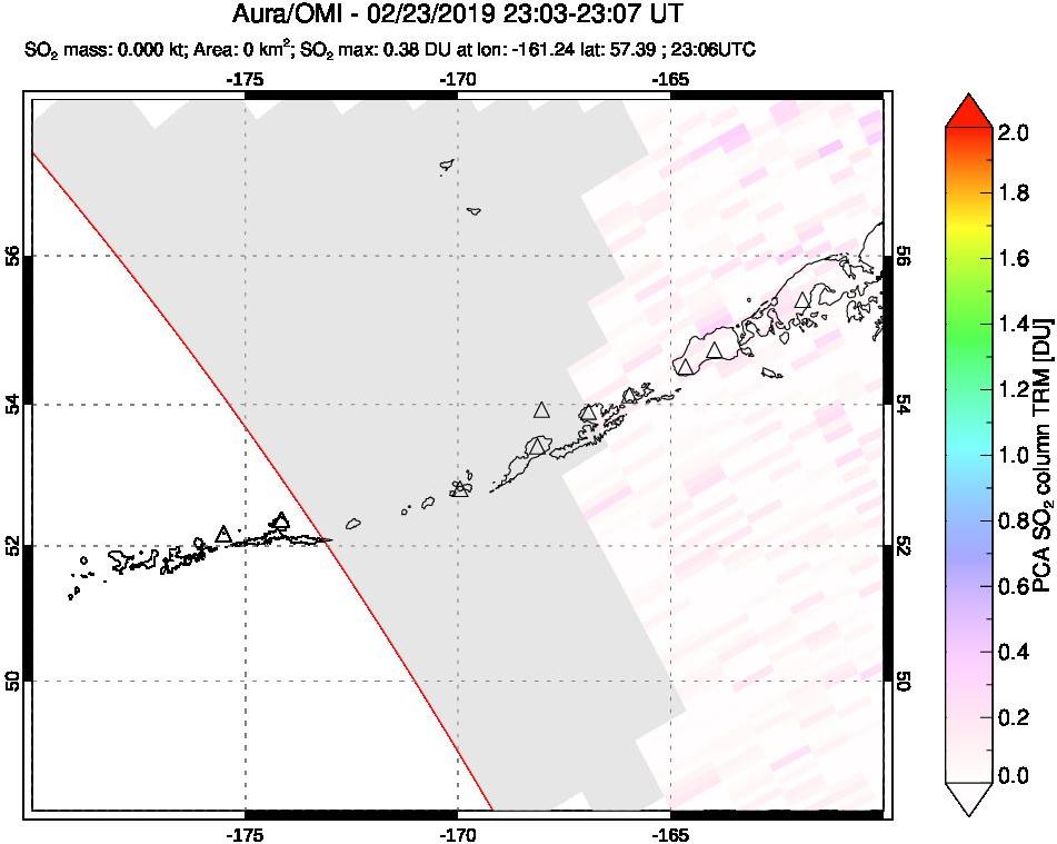 A sulfur dioxide image over Aleutian Islands, Alaska, USA on Feb 23, 2019.