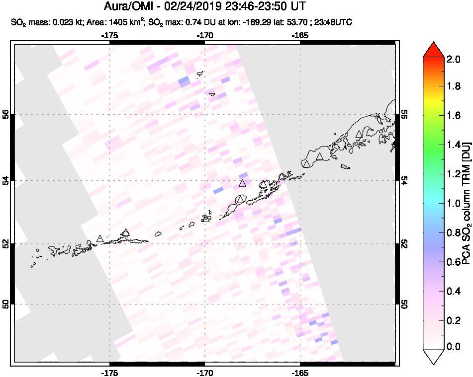 A sulfur dioxide image over Aleutian Islands, Alaska, USA on Feb 24, 2019.