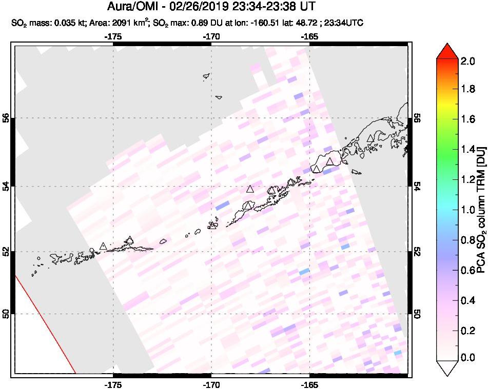 A sulfur dioxide image over Aleutian Islands, Alaska, USA on Feb 26, 2019.