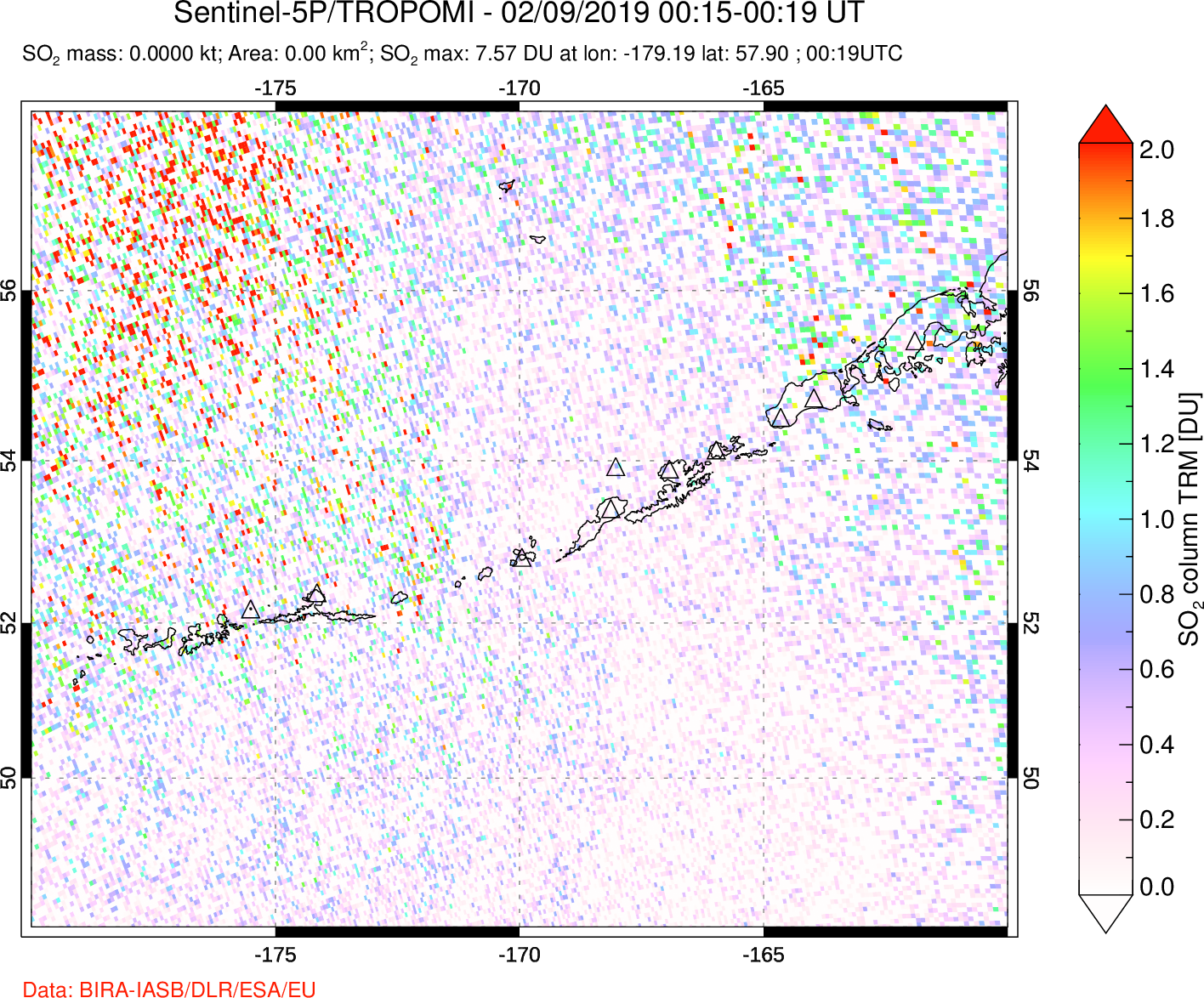 A sulfur dioxide image over Aleutian Islands, Alaska, USA on Feb 09, 2019.