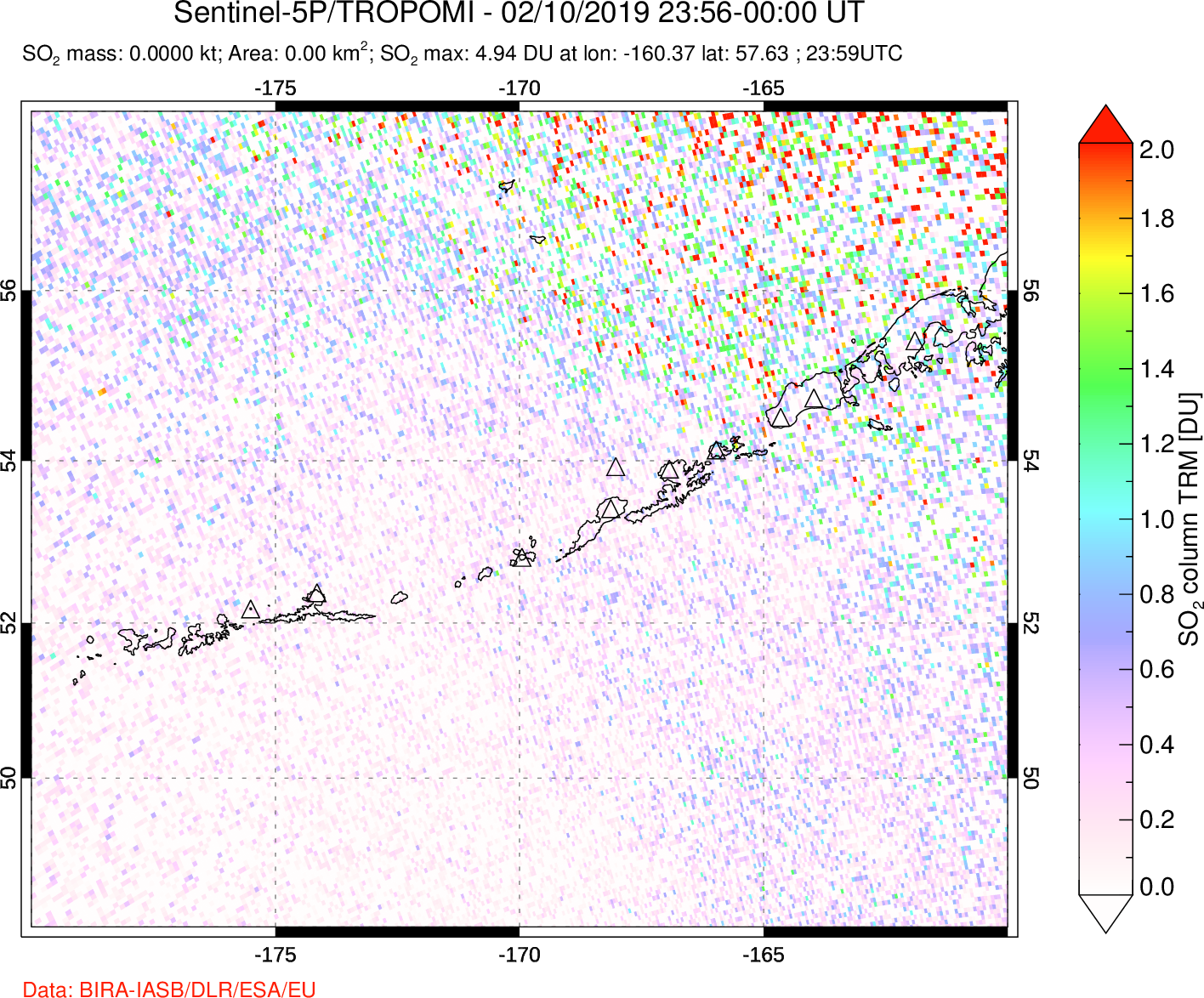 A sulfur dioxide image over Aleutian Islands, Alaska, USA on Feb 10, 2019.