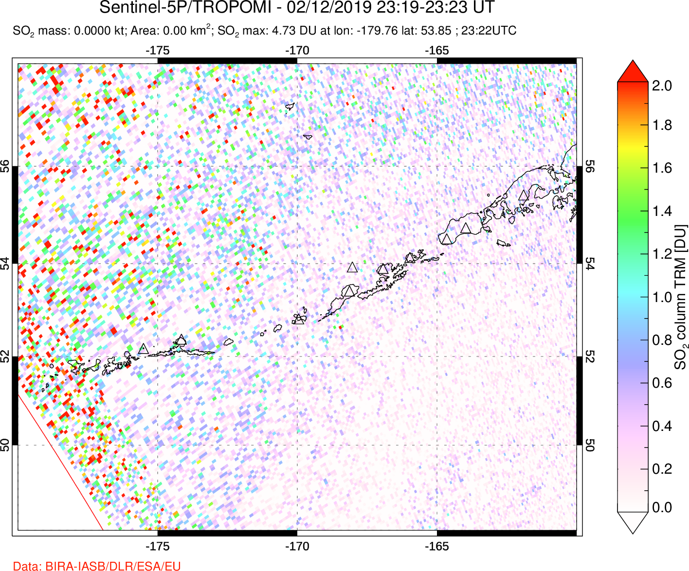 A sulfur dioxide image over Aleutian Islands, Alaska, USA on Feb 12, 2019.