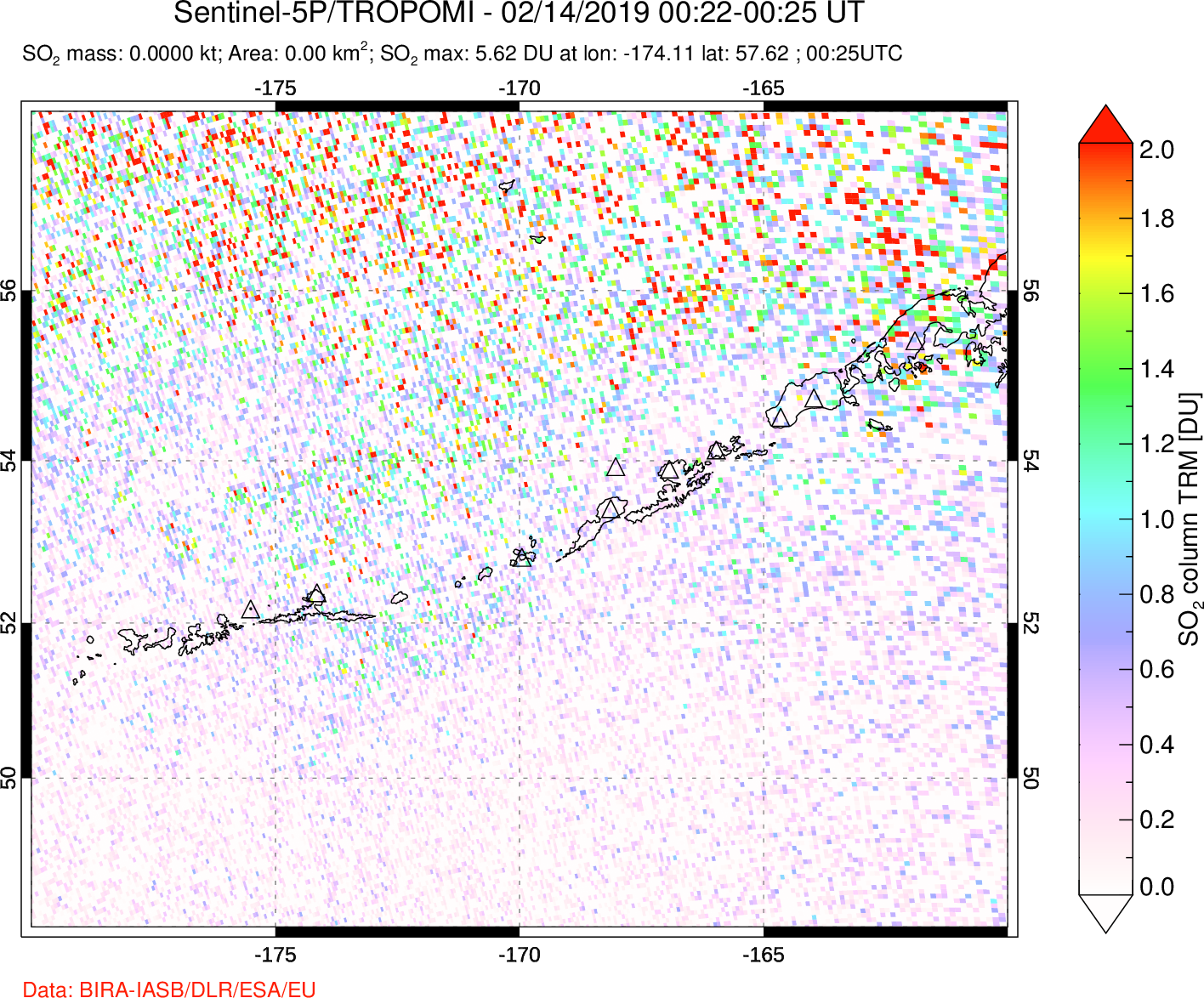 A sulfur dioxide image over Aleutian Islands, Alaska, USA on Feb 14, 2019.