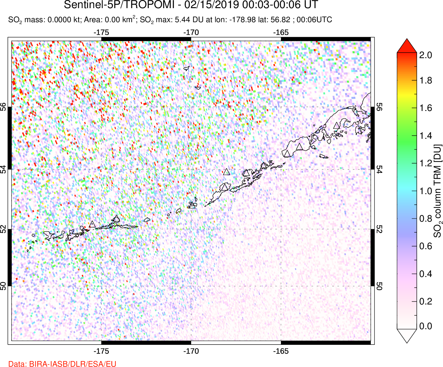 A sulfur dioxide image over Aleutian Islands, Alaska, USA on Feb 15, 2019.