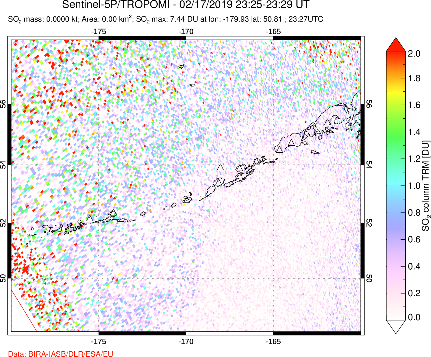 A sulfur dioxide image over Aleutian Islands, Alaska, USA on Feb 17, 2019.